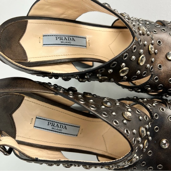 Prada Leather Studded Strappy Chocolate Block Heel Sandal Size 38.5 (US 8) - Picture 8 of 12